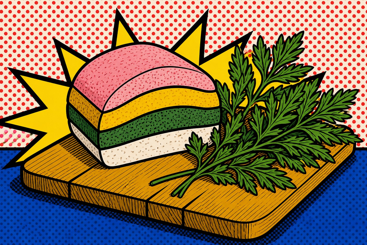 Rainbow mujigae and mugwort rice cakes